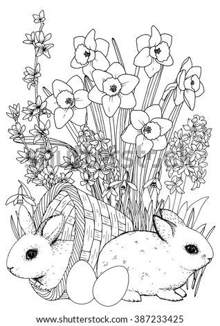 Easter Coloringpage Bunny Spring Flowers Set
