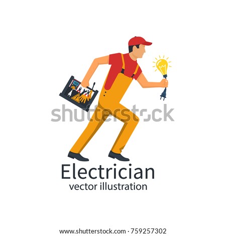 Professional electrician. Electrician with the toolbox is running for service. Equipment tools and a light bulb with plug in hand. Vector illustration flat design. Isolated on white background.