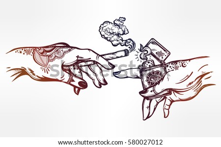 stock vector tattooed human hands holding a weed joint or spliff or tabacco cigarette and a lighter drug 580027012