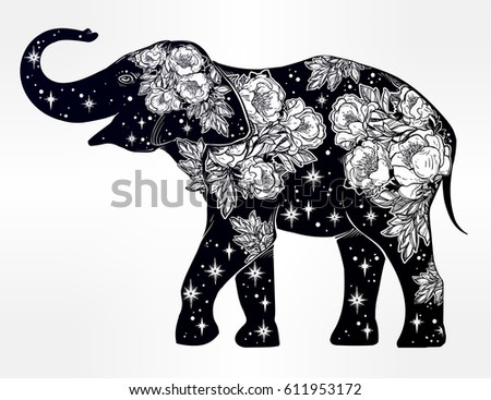 Beautiful silhouette of Indian elephant with wild rose flowers and star ornaments. Isolated vector ethnic background, tattoo art, yoga, spirituality, boho design for print, posters, t-shirts textiles.