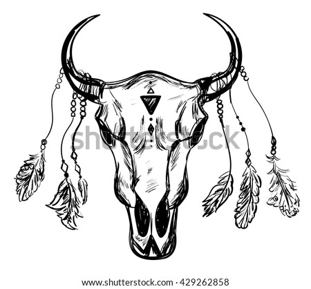 Buffalo Skull Feathers Hand Drawn Sketch Stock Vector 429262858