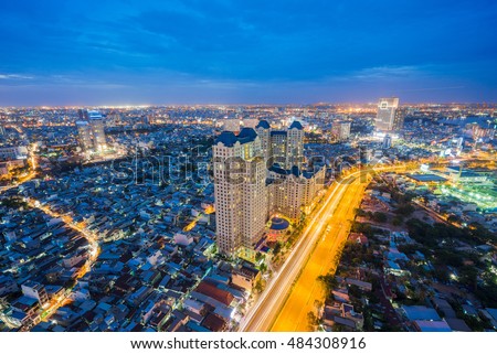 Ho Chi Minh City, Vietnam - June 25 2016 : Night view of Sai Gon Cityscape at downtown of Ho Chi Minh City, Vietnam in sunrise or sunset