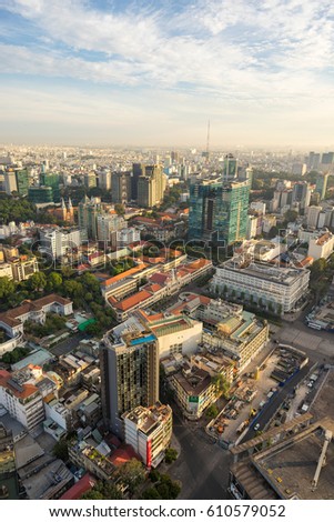 Ho Chi Minh City, Vietnam - March 25, 2017 : Aerial view of Ho Chi Minh city, Vietnam in sunrise or sunset