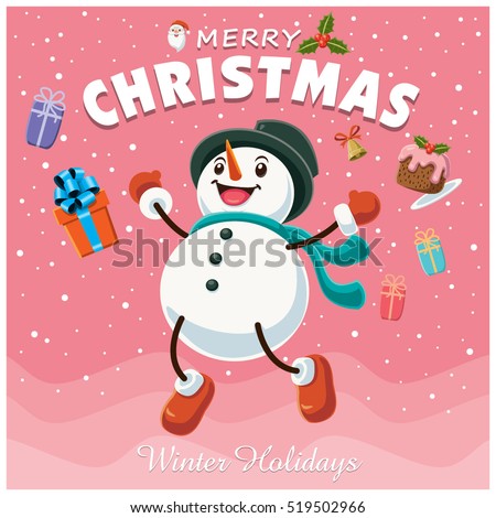 Vintage Christmas poster design with snowman characters.