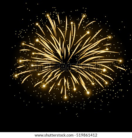 Firework bursting sparkle background. Isolated gold colorful night fire, beautiful explosion for celebration, holiday, Christmas, New Year, birthday. Symbol festive, anniversary Vector illustration