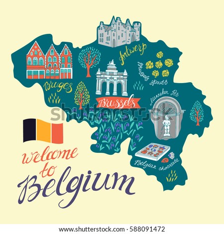 illustrated map of belgium attractions and national symbols of the country