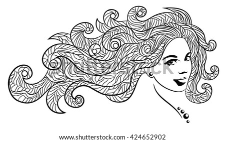 Coloring Page Girl Long Curly Hair Stock Vector 313597922 - Shutterstock