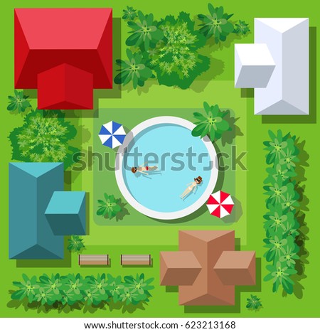 Top View Of The Swimming Pool With Beach Umbrellas And Vacationers People Top View Of The Swimming Pool With Beach Umbrellas And Vacationers People