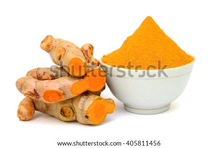 Turmeric roots and powder isolated on white background