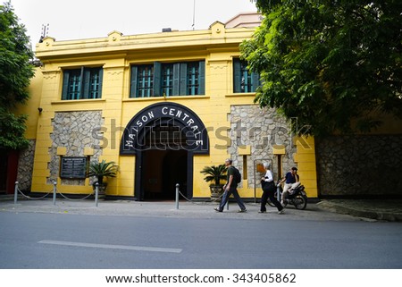 HANOI, VIETNAM - Nov 22, 2015: Unidentified Foreign tourists visit Hoa Lo Prison in Hanoi, Vietnam. The Hoa Lo Prison was a prison used by the French colonists in Vietnam for political prisoners.