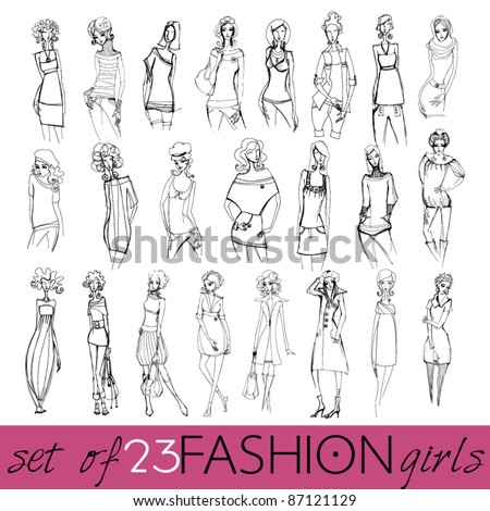 Vector Set Of Hand Drawn Style Illustration Beautiful Fashion Girls Vector Set Of Hand Drawn Style Illustration Beautiful Fashion Girls