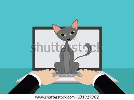 Cartoon character, Businessman being distract by a cat while working on a computer laptop., vector eps10