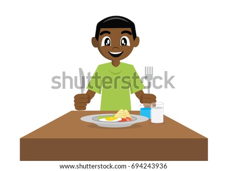 Little Boy Eats Sitting Dining Table Stock Vector 613517486 - Shutterstock