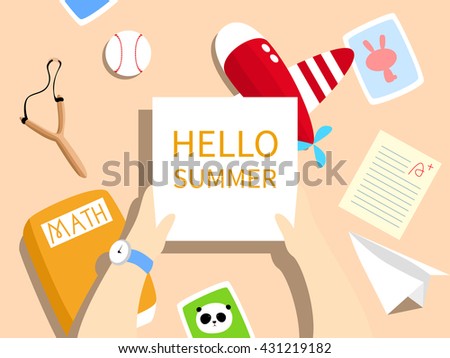 Vector Illustration: A desk with toy plane, paper plane, test paper, math textbook, photos, baseball, slingshot on it. A blank paper / card is held by a child's hands. For summer holiday / school out.
