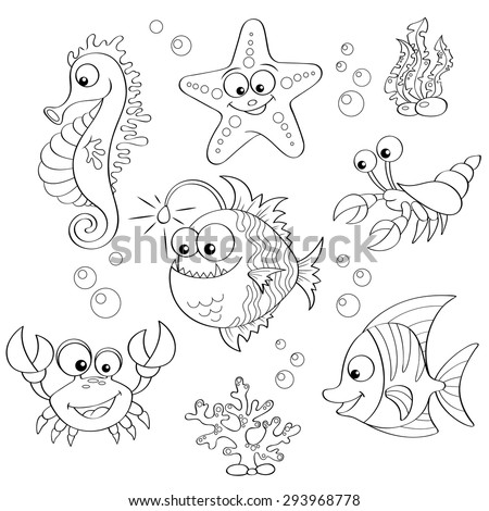 Set Of Cute Cartoon Sea Animals Black And White Vector Illustration For Coloring Book