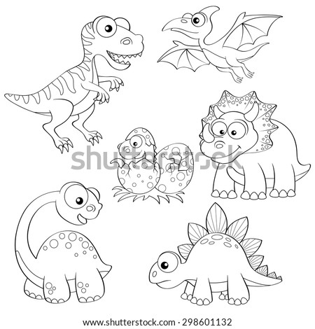 Set Of Cartoon Dinosaurs Cute Dino Black And White Vector Illustration For Coloring Book
