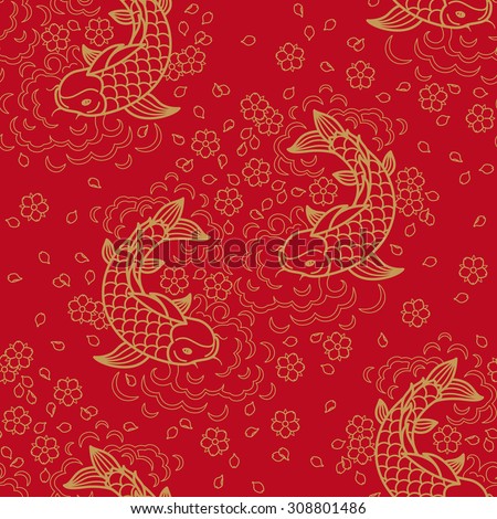 Chinese vector seamless pattern with Koi Fish