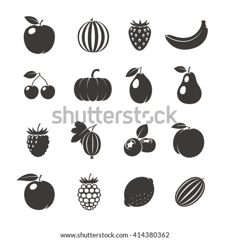 Fruits Black Icons. Different fruits icons on white background. Vector illustration
