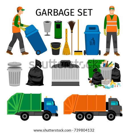 Garbage trucks, trash can and sweeper, colorful garbage collecting icons set on white background. Vector illustration