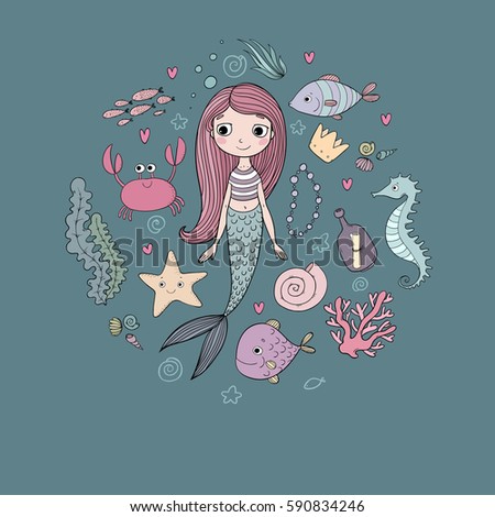Marine illustrations set. Little cute cartoon mermaid, funny fish, starfish, bottle with a note, algae, various shells and crab. Sea theme. isolated objects on white background. Vector.