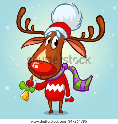 christmas reindeer rudolph in santa hat ringing a bell vector illustration on snowy background - Rudolph And Santa christmas reindeer rudolph in santa hat ringing a bell vector illustration on snowy background - Rudolph And Santa