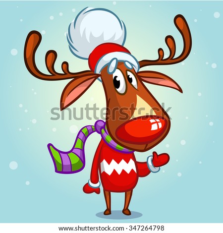 christmas reindeer rudolph in santa claus hat and striped scarf pointing a hand vector illustration - Rudolph And Santa christmas reindeer rudolph in santa claus hat and striped scarf pointing a hand vector illustration - Rudolph And Santa