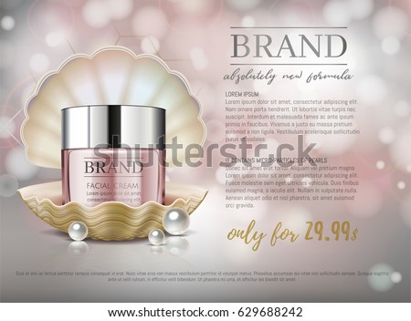 Premium VIP cosmetic ads, hydrating luxury facial cream for sale. Elegant soft pink color cream mask bottle in shell isolated on glitter sparkles with pearls, gloss effect. 3D realistic vector