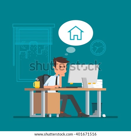 business man working and dreaming about home vector illustration in flat cartoon style office - Back Home Furniture business man working and dreaming about home vector illustration in flat cartoon style office - Back Home Furniture