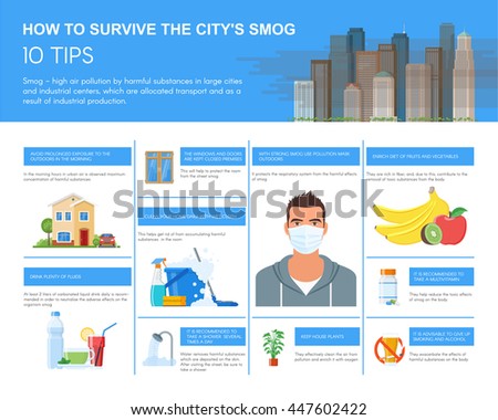 Smog infographic vector illustration. How to survive in city with smog. Design elements and icons in flat style. Pollutions and ecology risk concept.