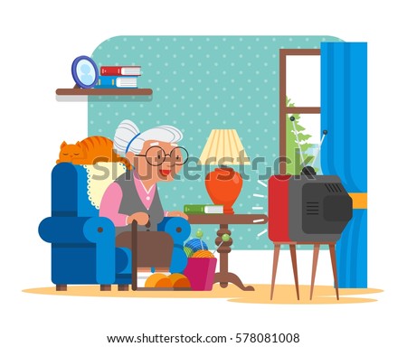 Vector Illustration Grandmother Sitting Armchair Watching Stock Vector 578081008 - Shutterstock