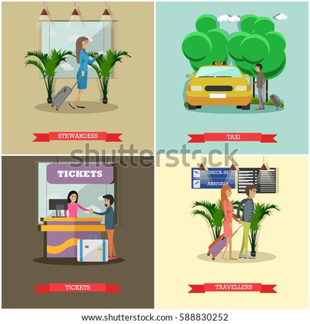 Vector set of airport concept posters, banners. Stewardess, Taxi, Tickets and Travellers design elements in flat style.