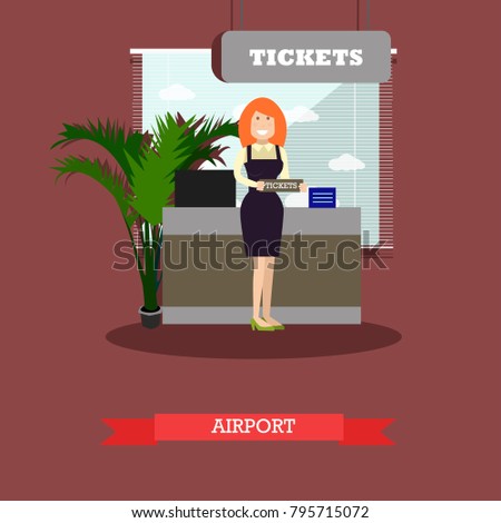 Airport concept illustration in flat style. Ticket agent standing in front of ticket counter flat style design element.