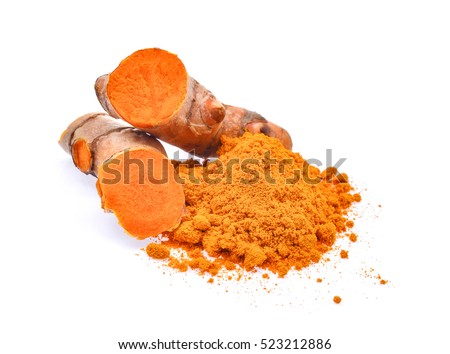 turmeric root and powder isolated on white background