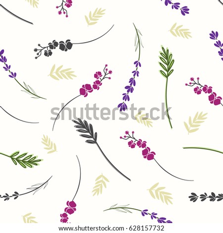 Floral twigs pattern. Cute multicolor background with plants branches, leaves and twigs.