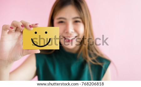 Customer Experience Concept Happy Woman Show Excellent Rating With Smiley Face Icon For Her Satisfaction