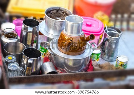 Can Tho, Vietnam - February 4th, 2016: Sale coffee on boat with items served for the preparation of coffee, all in a boat to sell to tourists, this is typical wetland trafficking in Can Tho , Vietnam