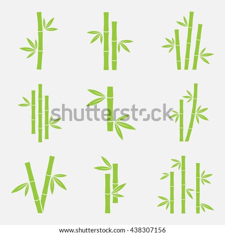 Bamboo vector icon set isolated on a white background. Silhouettes of bamboo trunks, stems, or trees with leaves. Green logo tropical bamboo.