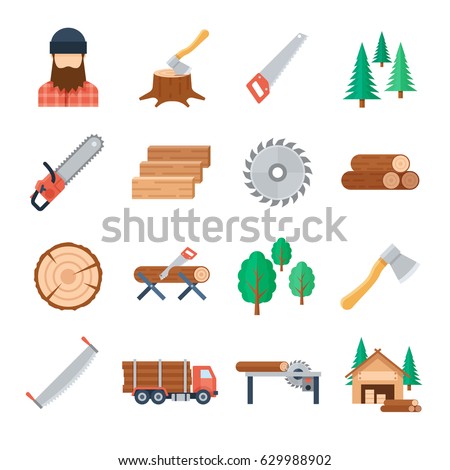 Vector Lumberjack Icons Set In Flat Style On White Background Tools And Equipment Of The Vector Lumberjack Icons Set In Flat Style On White Background Tools And Equipment Of The