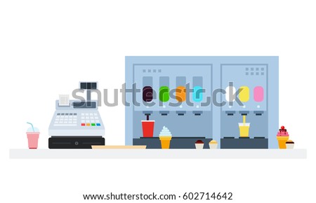 Ice cream and beverages machines with cash register vector flat material design isolated on white