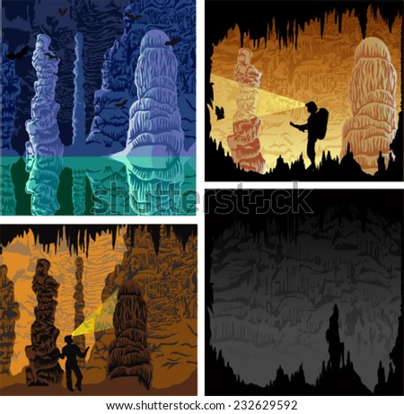 set of vector illustrations of cave with stalactites and stalagmites ...