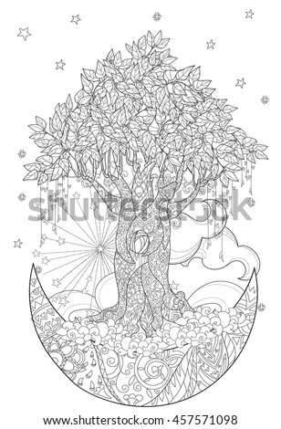 Cute Fairy Tale Tree From Magic Forest On Christmas Half Moon With Stars And Flowers