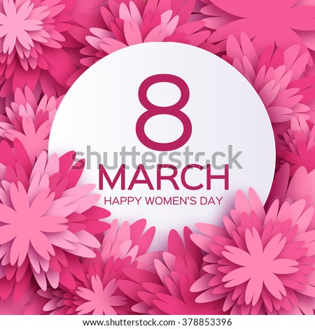 Abstract Pink Floral Greeting card - International Happy Women's Day - 8 March holiday background with paper cut Frame Flowers. Happy Mother's Day. Trendy Design Template. Vector illustration.