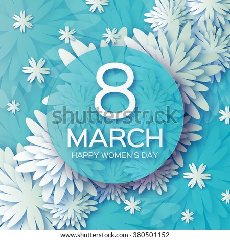 Abstract Blue Floral Greeting card - International Happy Women's Day - 8 March holiday background with paper cut Frame Flowers. Happy Mother's Day. Trendy Design Template. Vector illustration.