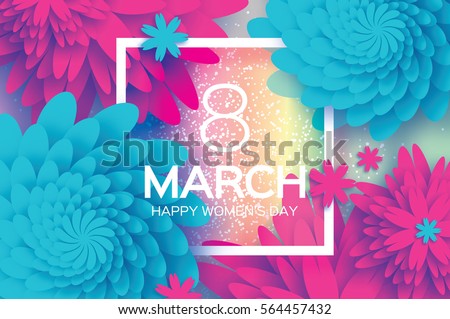 8 March. Happy Mother's Day. Blue Paper cut Floral Greeting card. Origami flower holiday background. Square Frame, space for text. Happy Women's Day. Trendy Design Template. Vector illustration
