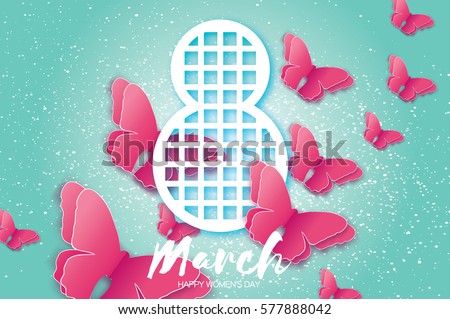 8 March. Happy Mother's Day. Paper cut Pink Wild Butterfly and Eight. Beautiful Origami insect holiday background. Nature Greeting card. Happy Women's Day. Rectangle frame. Vector illustration