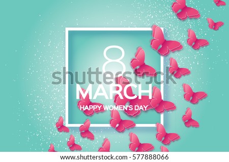 8 March. Happy Mother's Day. Paper cut Pink Wild Butterfly. Beautiful Origami insect holiday background. Nature Greeting card. Happy Women's Day. Square frame. Vector illustration