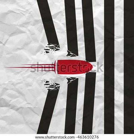 Red bullet shot smashed the walls on white background with creased paper texture. Poster or flyer design concept . Vector illustration