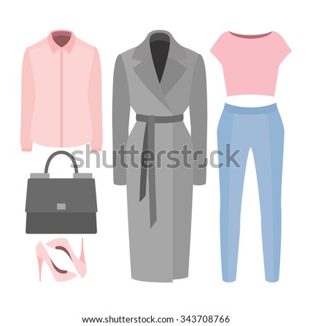Set of trendy women's clothes. Outfit of woman coat, panties, blouse, shirt and accessories. Women's wardrobe. Vector illustration