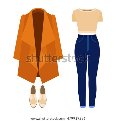 Set of trendy women's clothes with panties, coat, top and accessories. Vector illustration