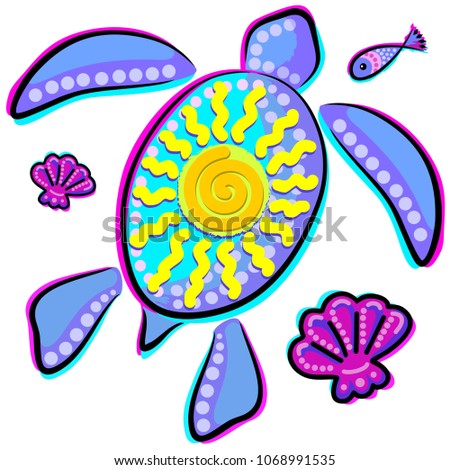 Sea Turtle and Sun Abstract Glitch Ultraviolets, vector logo, symbol of health, longevity and journey.